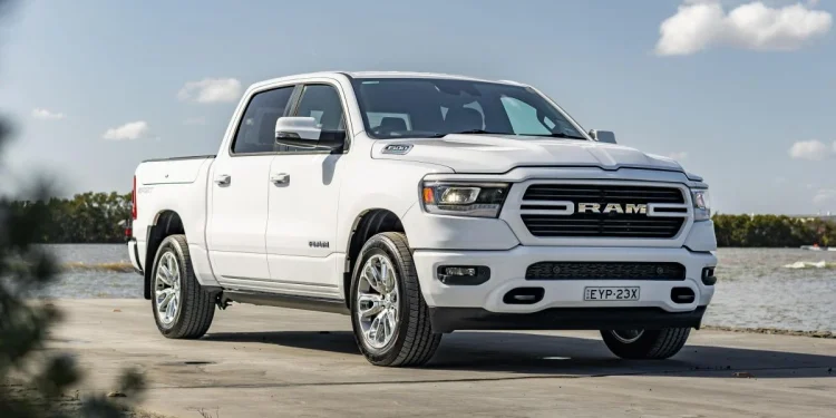 RAM 1500 pickup truck with HEMI engine, showcasing American power and design.