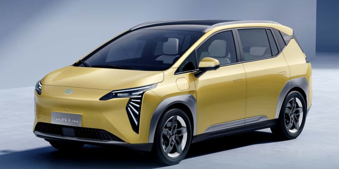 Yellow AION Y Plus electric SUV with sleek design and panoramic roof.
